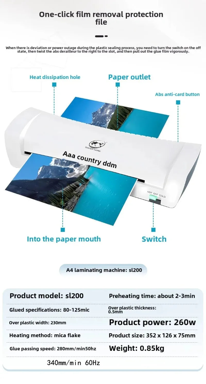 Home Office SL200A4 Laminator Thermoplastic Cold Mounting Dual-use Quick Preheating Constant Temperature Anti-Bubble Photo and D