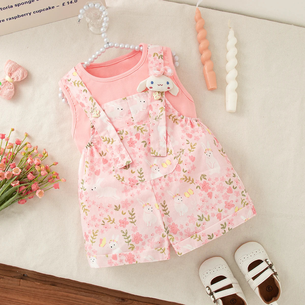 Baby Girl Set Cute Rabbit Ear Tops with Yellow Checker Shoulder Strap Shorts Suit 2 Piece Summer Casual Outdoor
