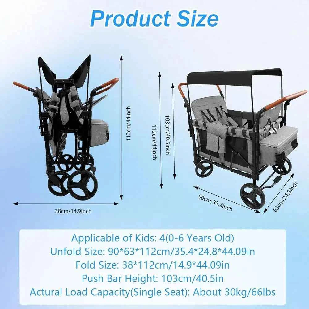 All-Terrain 4-Child Wagon Stroller with Removable 5-Point Harness and Storage Organizer, Suitable for Outdoor Activities