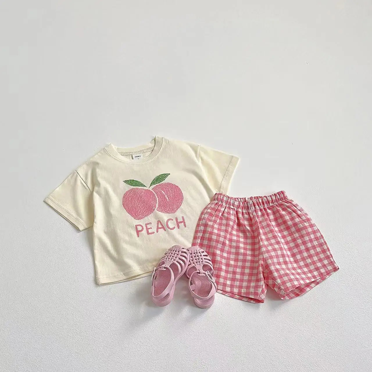 Fruit Pattern T-shirt Children's Clothes Summer Fashion Casual Short Sleeve Suit Tees + Plaid Shorts Kids Outfits