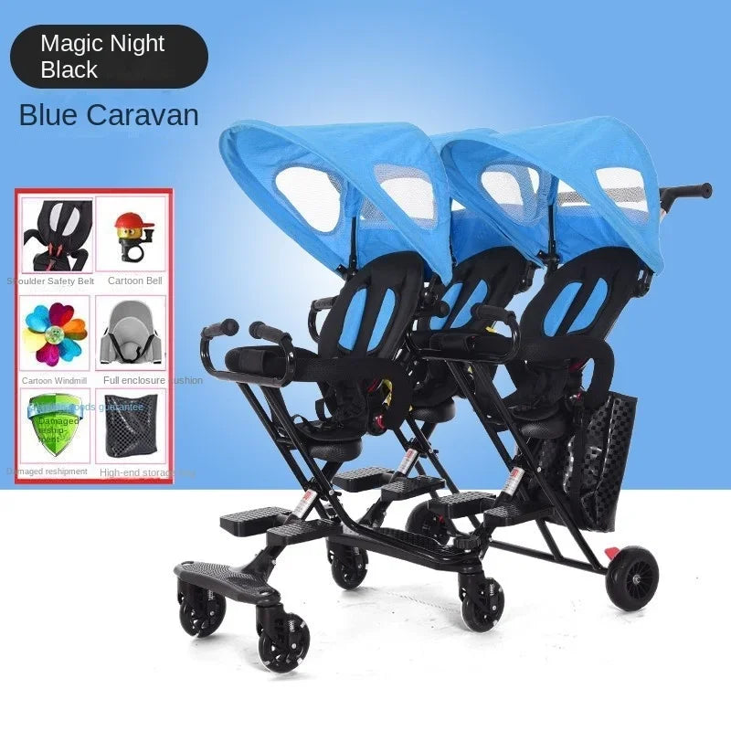 Triplet Stroller One-key Folding Detachable Universal Roller with Brake Anti-rollover Multiple Children Baby Stroller