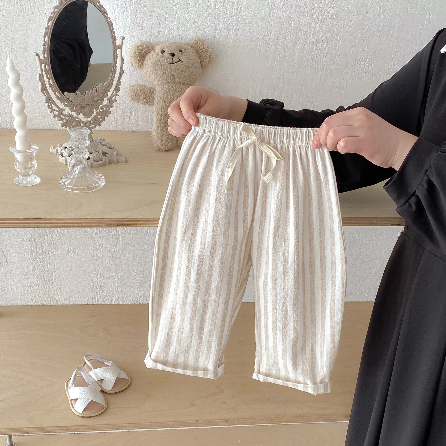 Spring Summer Boys Striped Loose Pants Baby Girl Vintage Casual Linen Cotton Harlan Pants Kids Lace-up Pant Children Clothing