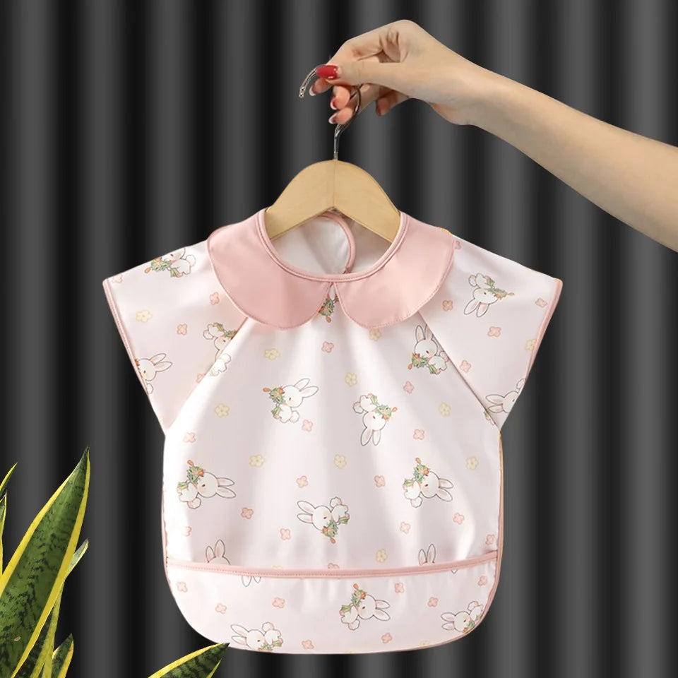 Baby Eating Apron PU Waterproof Bibs Cartoon Big Pocket Reverse Wear Summer Thin Light Sleeveless Boys Girls Kids Stuff