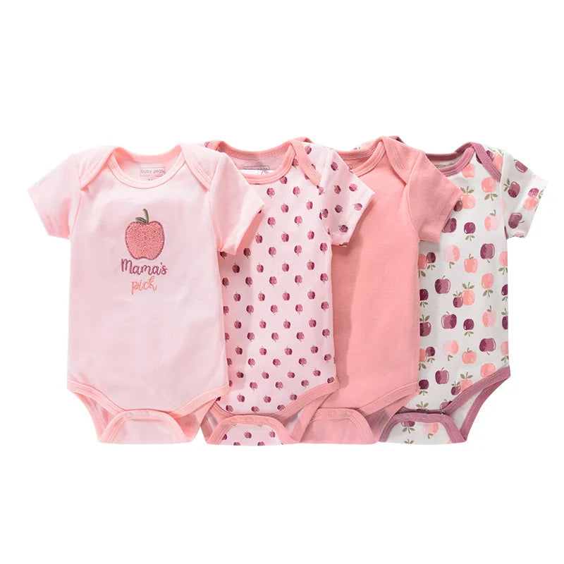 4-Piece Baby Romper Set, Soft Cotton Cartoon Print Short Sleeve Bodysuits for Newborn Boys and Girls (0–12M)