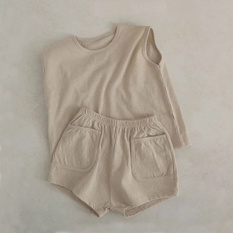 Summer Baby & Boys Tank Top Tees Shorts Set 100% Cotton Solid Two Pieces Sets