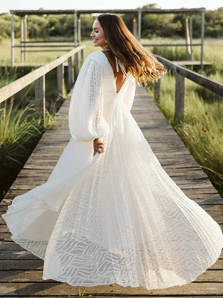 Boho White Maternity Photoshoot Dress with Long Sleeves Elegant Pregnancy Gown Baby Shower Photography Outdoor Maternity Outfit