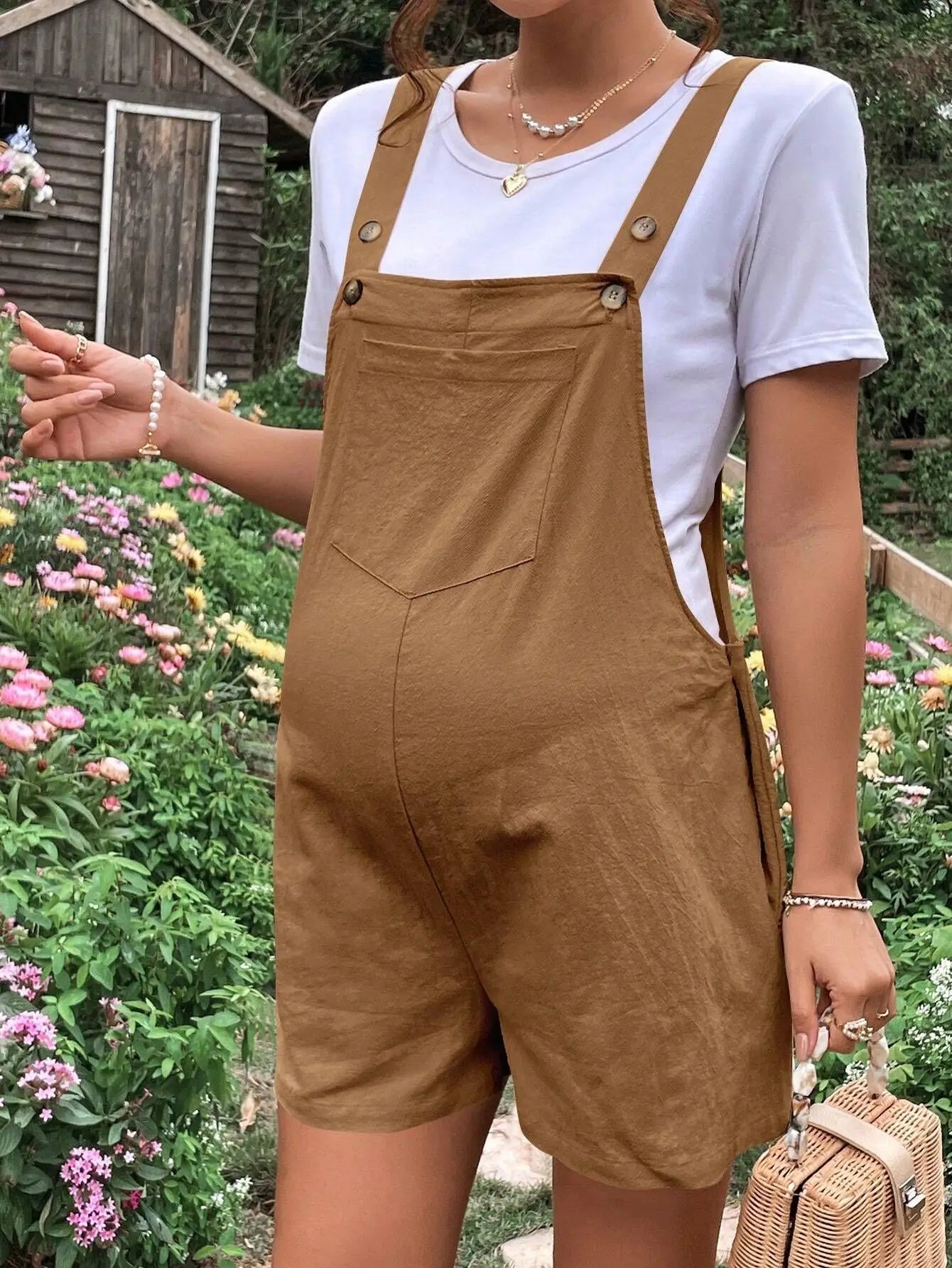 Summer New Pregnant Women's Solid Color Suspender Jumpsuit with Adjustable Waist Comfortable Casual Women's Shorts