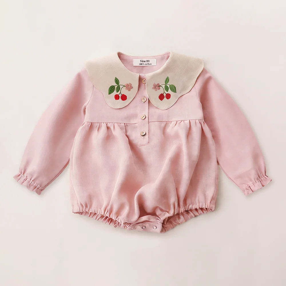 Baby Girls Cotton Linen Romper, Sleeveless Embroidered Summer Outfit (0–2 Years)