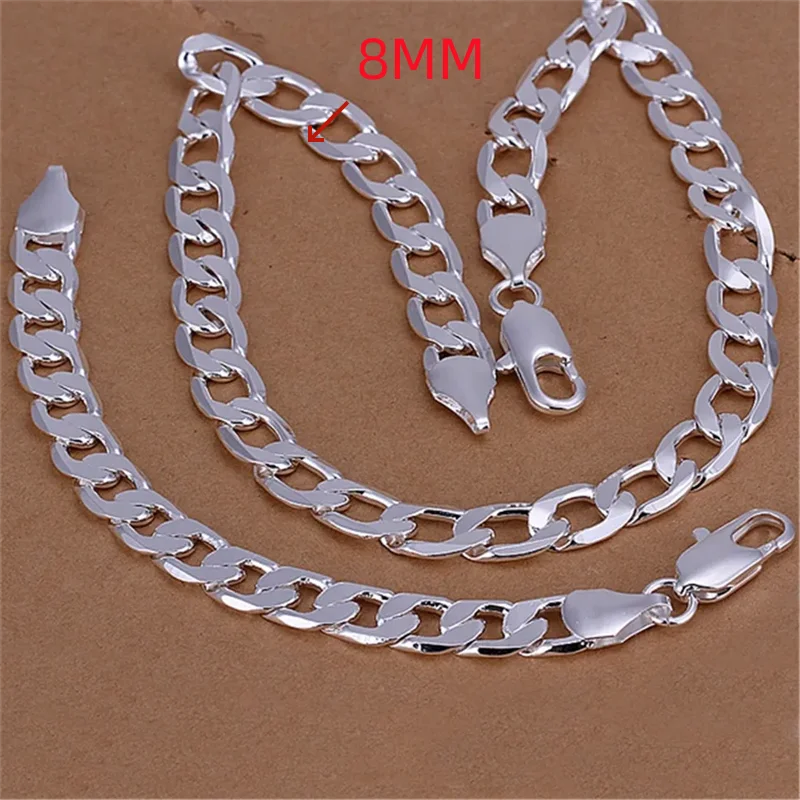 925 Sterling Silver Classic men 6MM 8MM Chain Bracelets necklace Jewelry set for woman Charm Fine Fashion wedding gifts