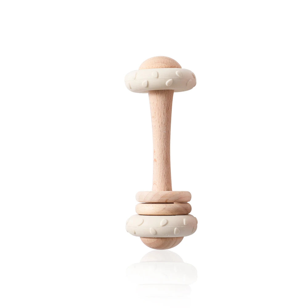 Baby Silicone Teething Toy – Upgraded Rattle, Natural Wood, Food Grade & Gnawable, Easy to Clean, Sensory Training for Infants
