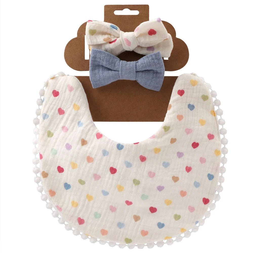3Pcs/Set Cute Baby Girl Bibs Cotton Floral Infant Burp Cloth With Bow Headband Double Side Saliva Towel Newborn Accessories