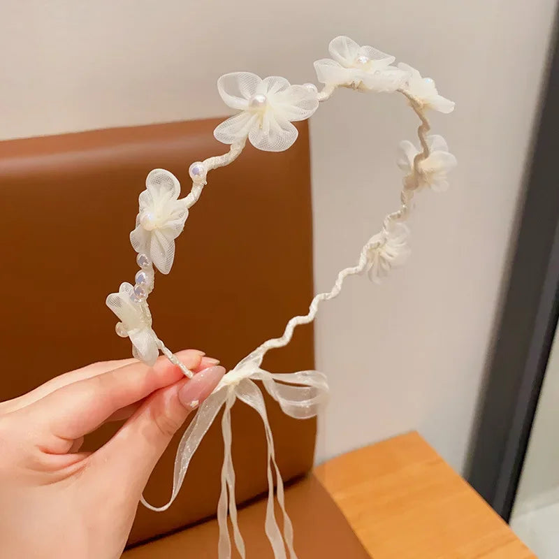White Lace Hair Flower Butterfly Hairbands Princess Pearl Headbands