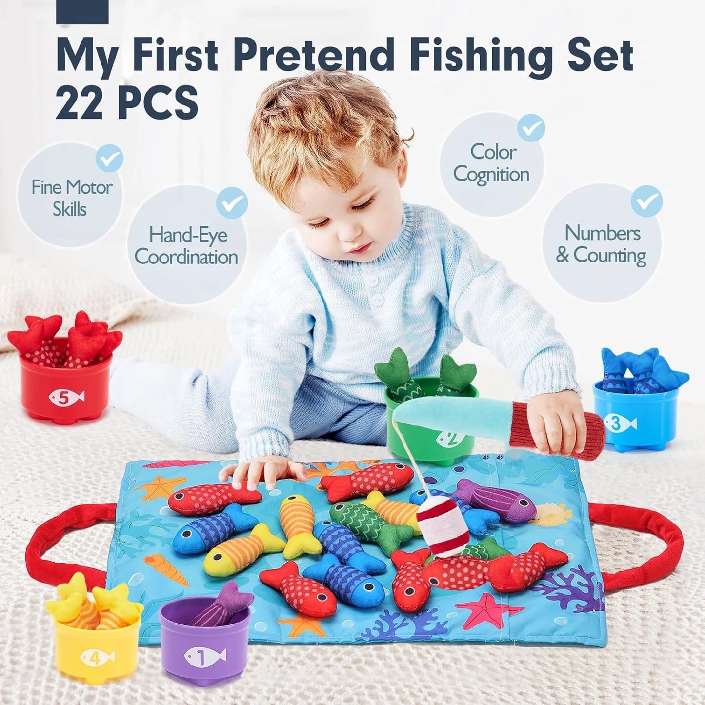 Todders Cloth Fishing Game with Stacking Cups Color Sorting Early Education Toy Number Counting Math Toy Gift