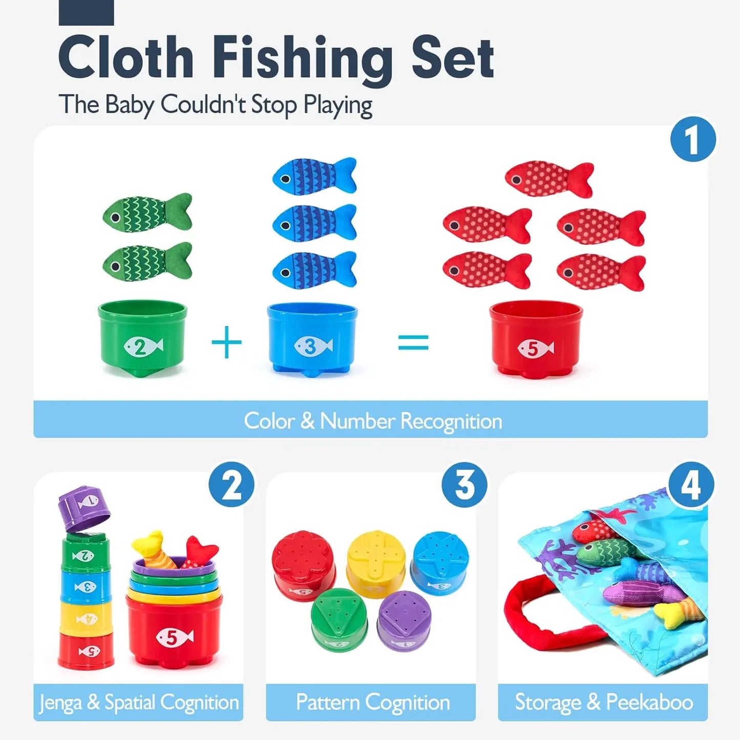 Todders Cloth Fishing Game with Stacking Cups Color Sorting Early Education Toy Number Counting Math Toy Gift