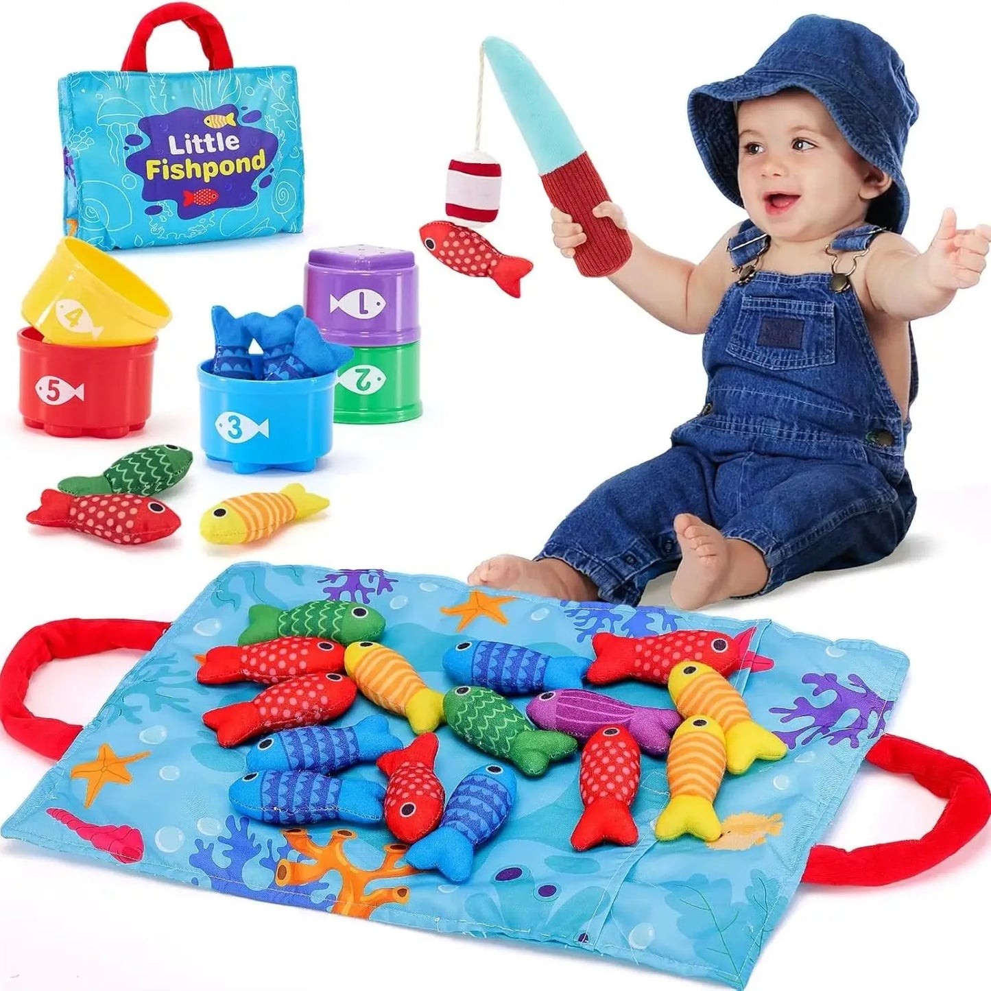 Todders Cloth Fishing Game with Stacking Cups Color Sorting Early Education Toy Number Counting Math Toy Gift