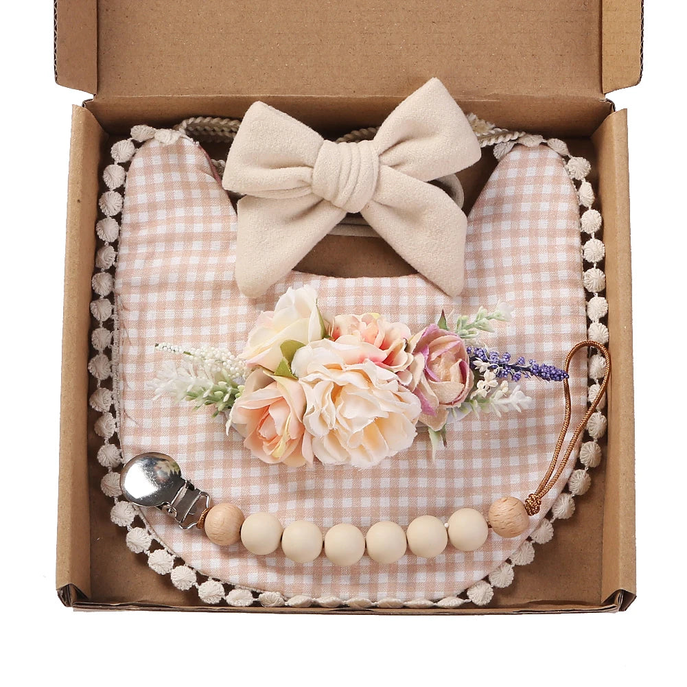 4Pcs/Set Flower Print Baby Bib Headband Elastic Nylon Hair Band Food Grade Silicone Beads Pacifier Clip Chain Christmas Gift Box