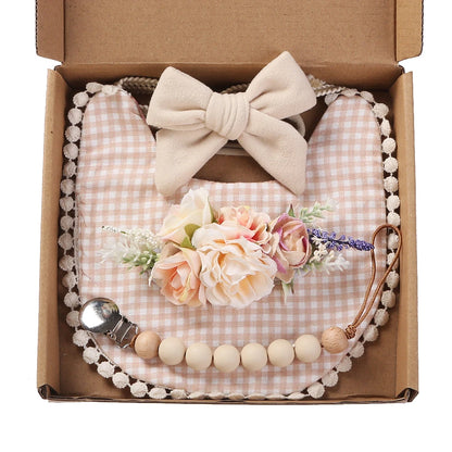 4Pcs/Set Flower Print Baby Bib Headband Elastic Nylon Hair Band Food Grade Silicone Beads Pacifier Clip Chain Christmas Gift Box