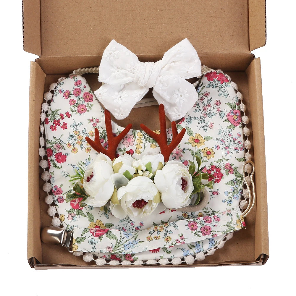 4Pcs/Set Flower Print Baby Bib Headband Elastic Nylon Hair Band Food Grade Silicone Beads Pacifier Clip Chain Christmas Gift Box