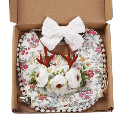4Pcs/Set Flower Print Baby Bib Headband Elastic Nylon Hair Band Food Grade Silicone Beads Pacifier Clip Chain Christmas Gift Box