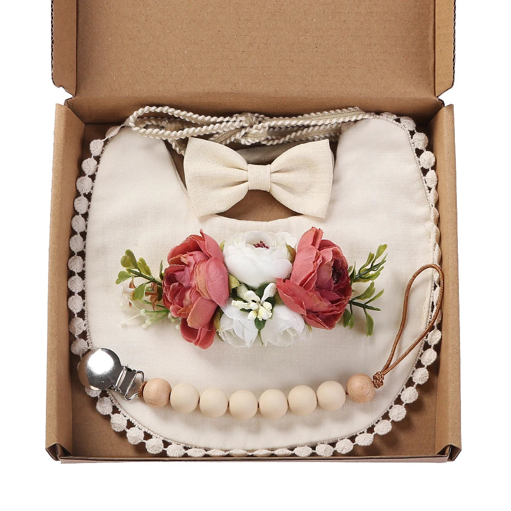 4Pcs/Set Flower Print Baby Bib Headband Elastic Nylon Hair Band Food Grade Silicone Beads Pacifier Clip Chain Christmas Gift Box