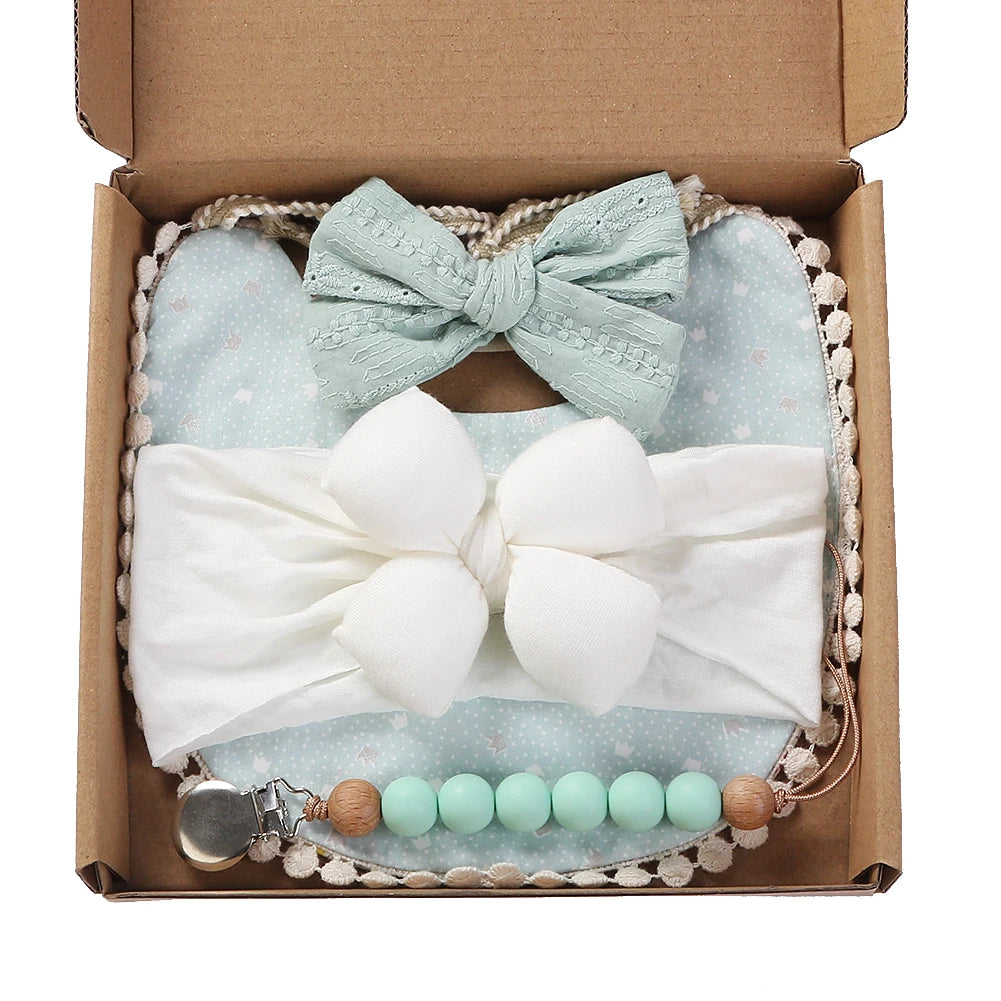 4Pcs/Set Flower Print Baby Bib Headband Elastic Nylon Hair Band Food Grade Silicone Beads Pacifier Clip Chain Christmas Gift Box