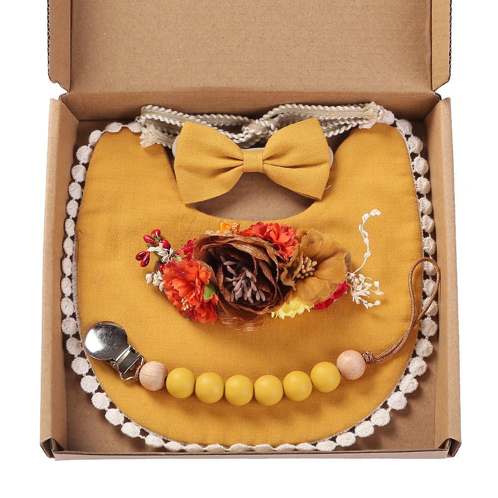 4Pcs/Set Flower Print Baby Bib Headband Elastic Nylon Hair Band Food Grade Silicone Beads Pacifier Clip Chain Christmas Gift Box