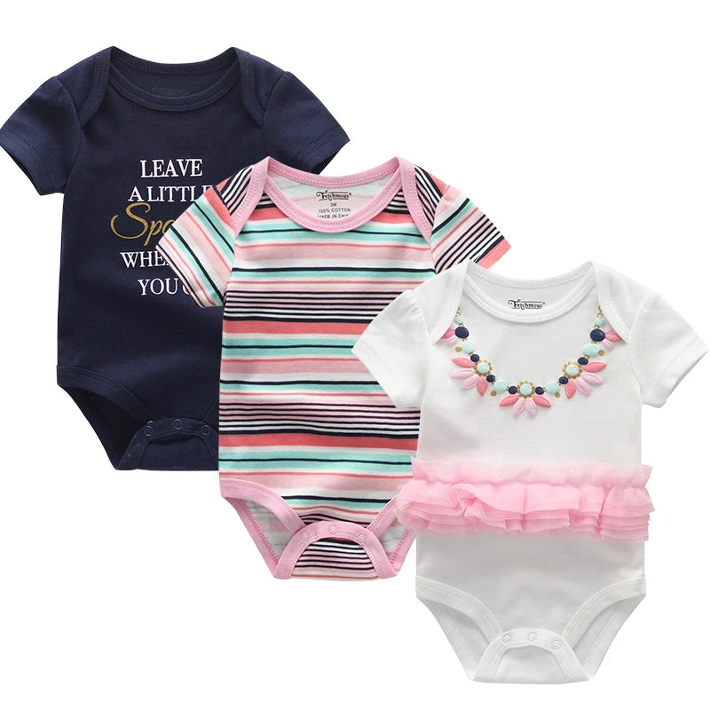 Cotton Newborn Baby Boy Clothes 3Pieces Summer 0-12M Cartoon Baby Girl Clothes Print Bodysuits Short Sleeve
