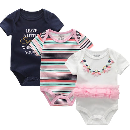 Cotton Newborn Baby Boy Clothes 3Pieces Summer 0-12M Cartoon Baby Girl Clothes Print Bodysuits Short Sleeve