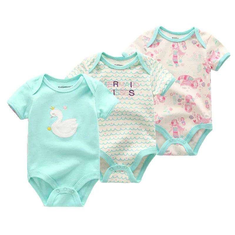 Cotton Newborn Baby Boy Clothes 3Pieces Summer 0-12M Cartoon Baby Girl Clothes Print Bodysuits Short Sleeve