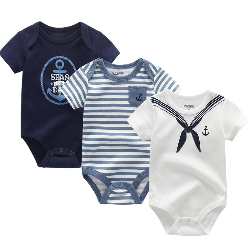 Cotton Newborn Baby Boy Clothes 3Pieces Summer 0-12M Cartoon Baby Girl Clothes Print Bodysuits Short Sleeve