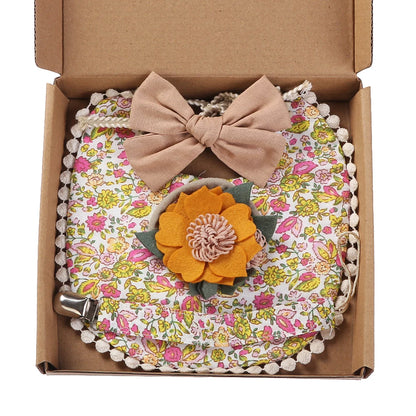 4Pcs/Set Flower Print Baby Bib Headband Elastic Nylon Hair Band Food Grade Silicone Beads Pacifier Clip Chain Christmas Gift Box