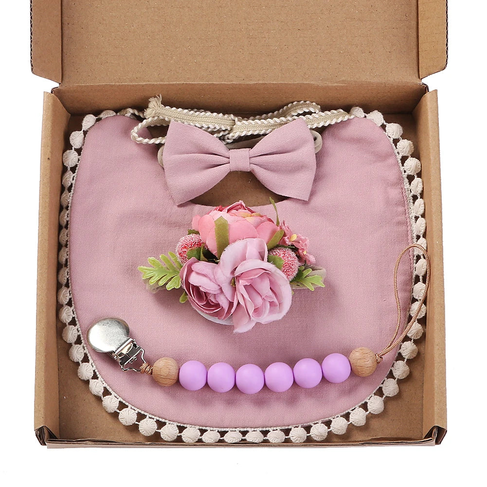 4Pcs/Set Flower Print Baby Bib Headband Elastic Nylon Hair Band Food Grade Silicone Beads Pacifier Clip Chain Christmas Gift Box