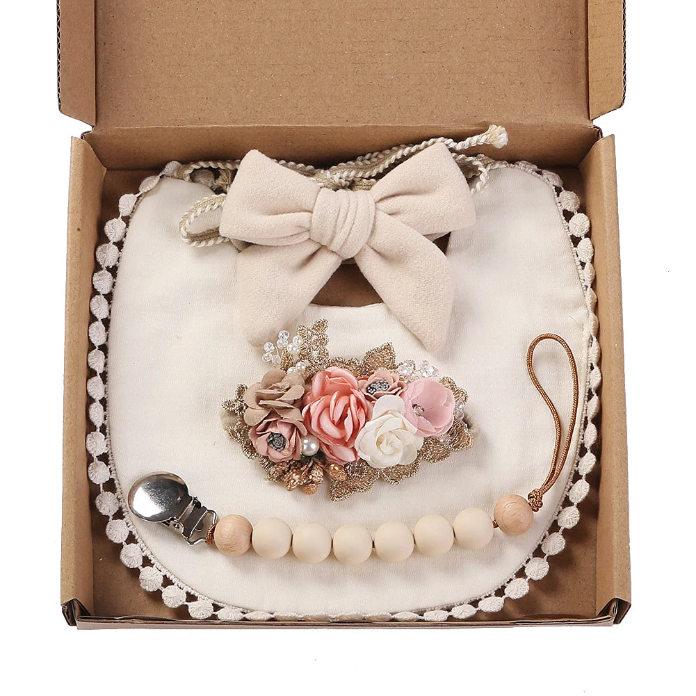 4Pcs/Set Flower Print Baby Bib Headband Elastic Nylon Hair Band Food Grade Silicone Beads Pacifier Clip Chain Christmas Gift Box