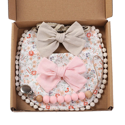 4Pcs/Set Flower Print Baby Bib Headband Elastic Nylon Hair Band Food Grade Silicone Beads Pacifier Clip Chain Christmas Gift Box