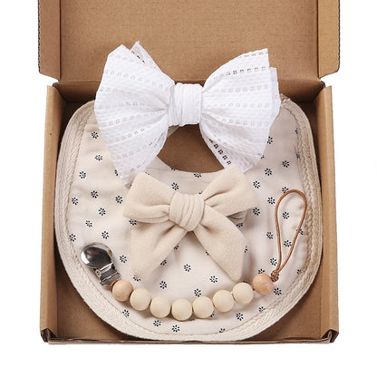 4Pcs/Set Flower Print Baby Bib Headband Elastic Nylon Hair Band Food Grade Silicone Beads Pacifier Clip Chain Christmas Gift Box