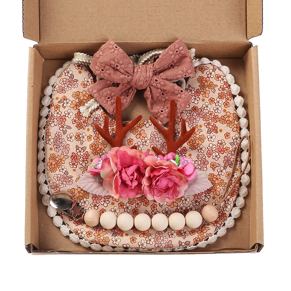 4Pcs/Set Flower Print Baby Bib Headband Elastic Nylon Hair Band Food Grade Silicone Beads Pacifier Clip Chain Christmas Gift Box
