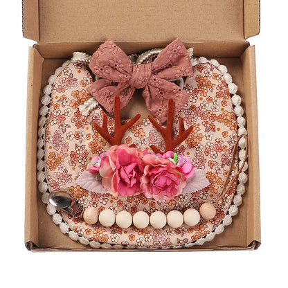 4Pcs/Set Flower Print Baby Bib Headband Elastic Nylon Hair Band Food Grade Silicone Beads Pacifier Clip Chain Christmas Gift Box