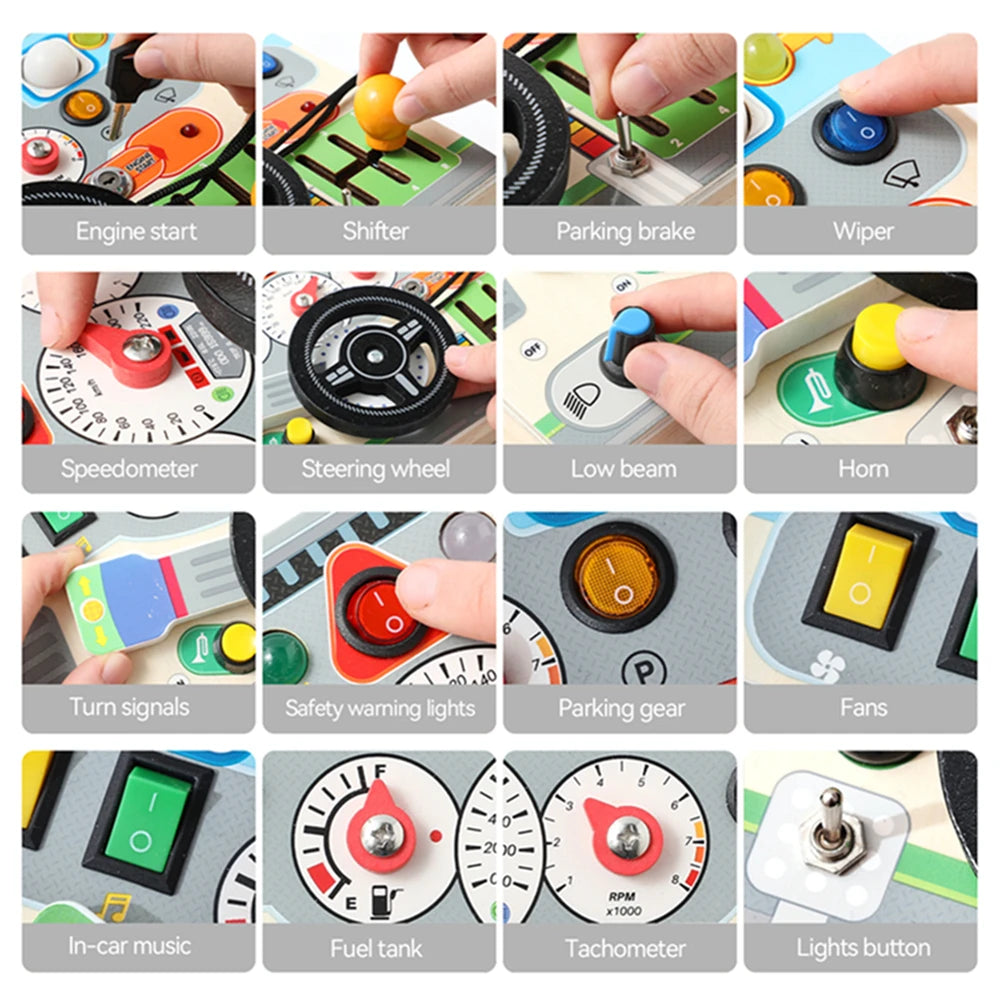 Montessori Busy Board Sensory Toys Wooden Steering Wheel Switch Control Board for Children Travel Activities Games Gifts Toy