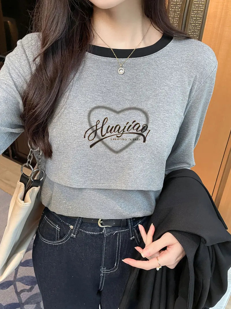 Autumn Postpartum Woman Breastfeeding Cotton T-shirt Lace Two-piece Nursing Tees Maternity