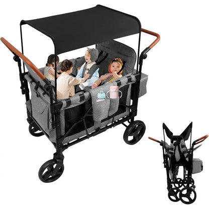 All-Terrain 4-Child Wagon Stroller with Removable 5-Point Harness and Storage Organizer, Suitable for Outdoor Activities