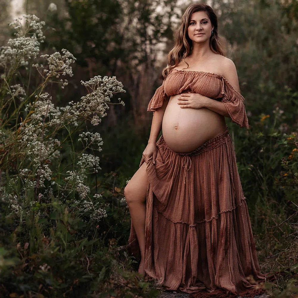  Photo Shooting Pregnancy Dress Comfortable Soft Linen-Cotton Set for Pregnant Women Photos Maternity Two-Piece Dress