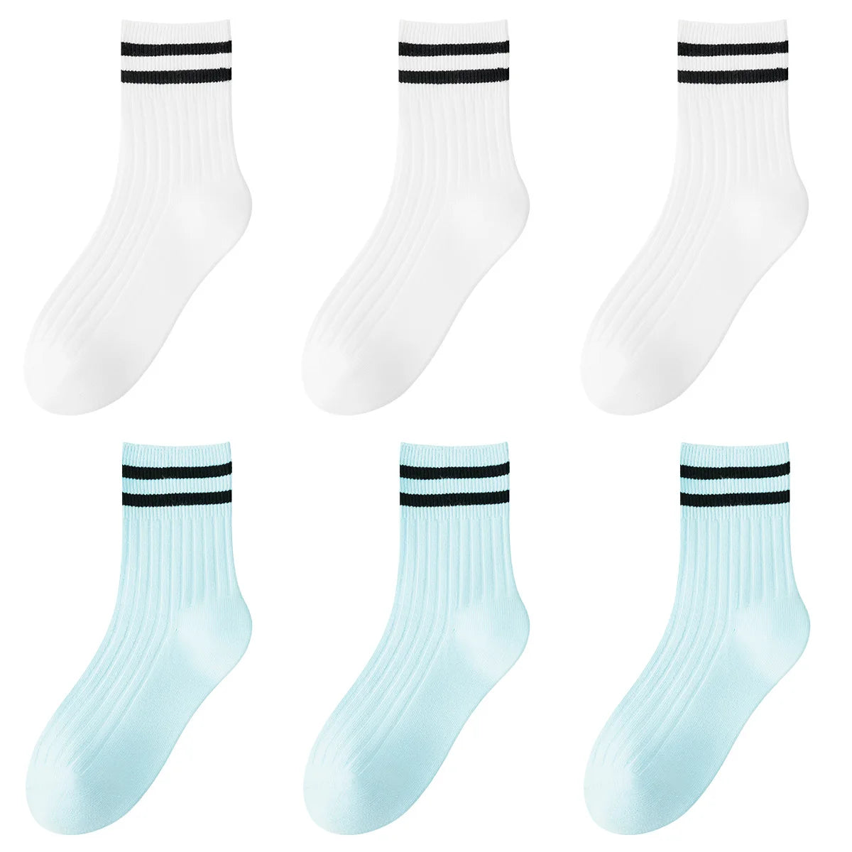 Kids Boys Girls Cotton Socks - Seamless Double Needle Ribbed 2-Stripe, All Season School Home Sports Socks