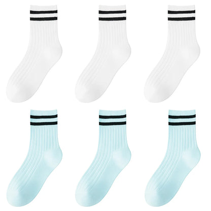 Kids Boys Girls Cotton Socks - Seamless Double Needle Ribbed 2-Stripe, All Season School Home Sports Socks