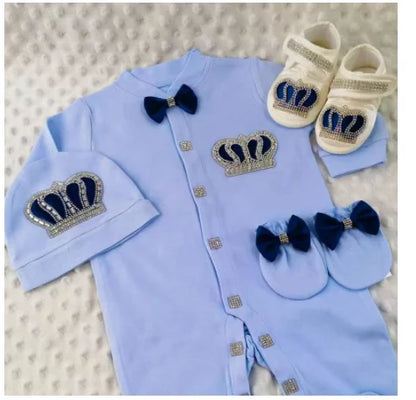 Dollbling Emerald Newborn Baby Boy Personalized Name Outfits 4pcs Welcome Home Hospital Crown Jewelry Romper Set