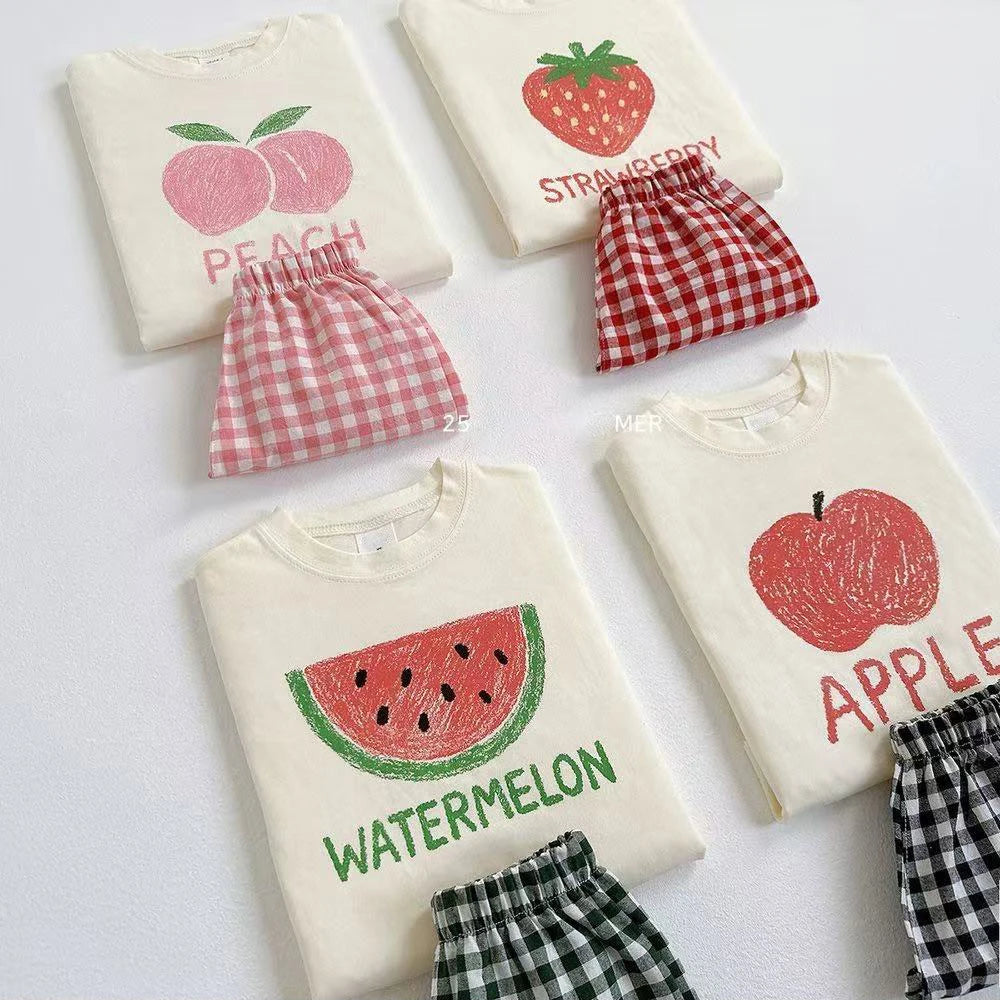 Fruit Pattern T-shirt Children's Clothes Summer Fashion Casual Short Sleeve Suit Tees + Plaid Shorts Kids Outfits