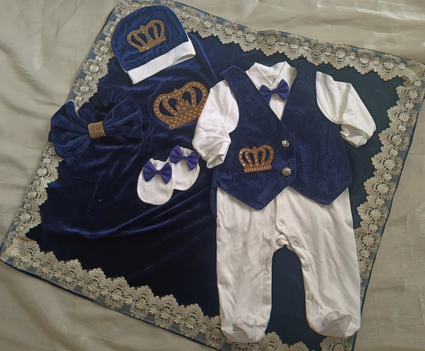 Royal Blue Velvet Baby Romper Outfits Set Welcome Home Nursery Infant Nest Luxury Crown Receiving Blanket Outfit Set