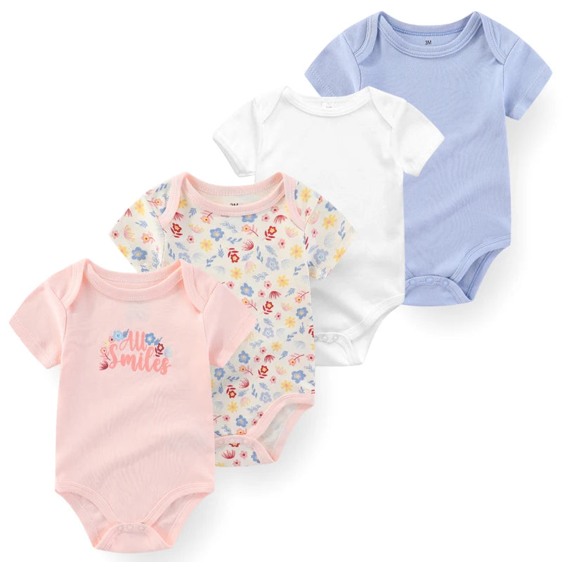 4-Piece Baby Romper Set, Soft Cotton Cartoon Print Short Sleeve Bodysuits for Newborn Boys and Girls (0–12M)