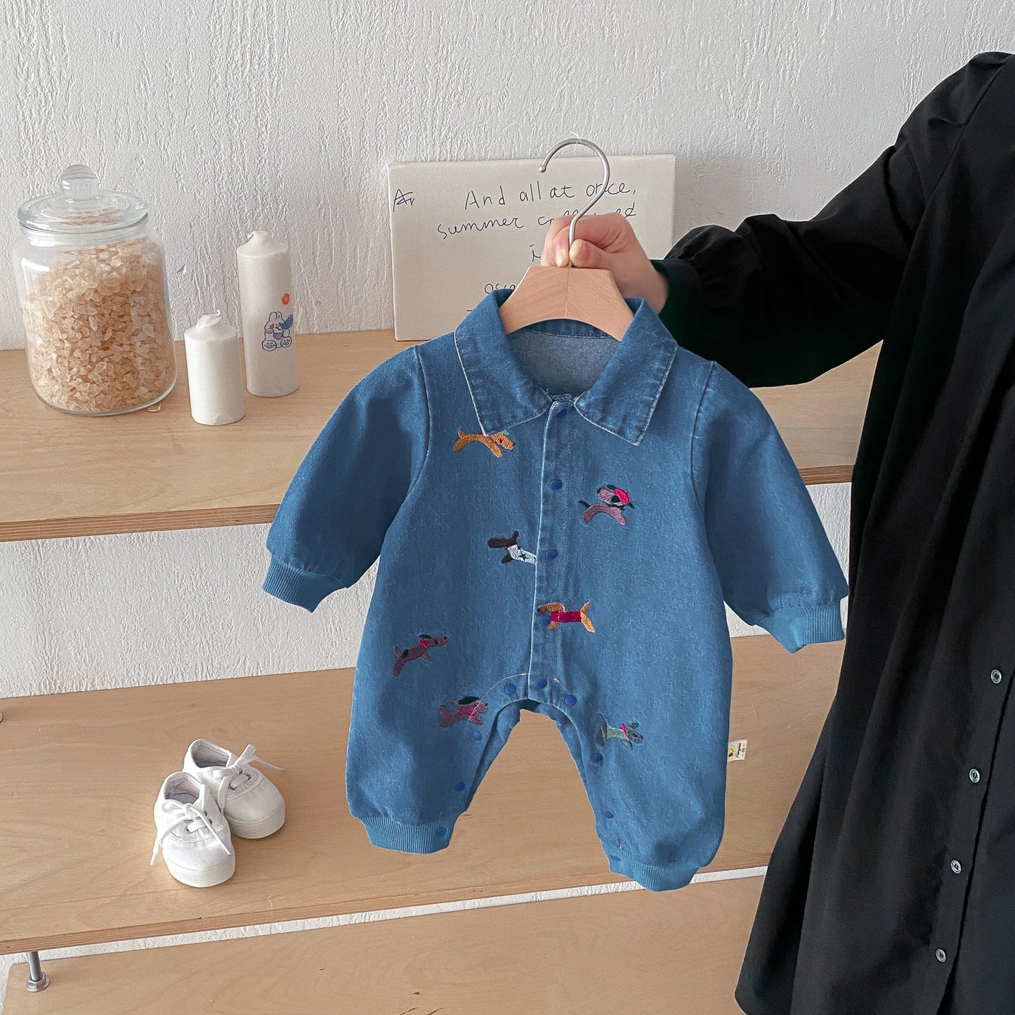 one-piece suit, denim autumn wear, embroidered outdoor crawling clothes for boys