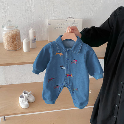 one-piece suit, denim autumn wear, embroidered outdoor crawling clothes for boys