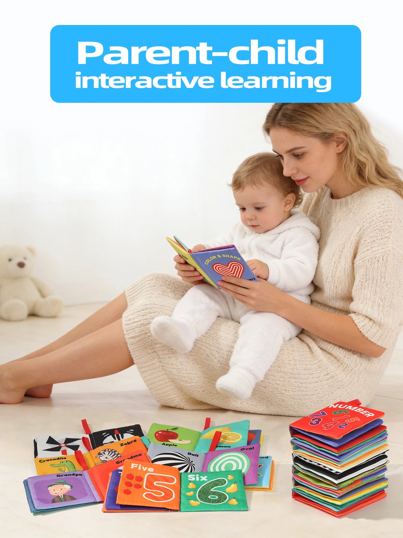 6Pcs Baby Cloth Books Set Non-Tearable Sensory Books for Early Learning Fruit Animal Number Cognition Toy 0-12 Months